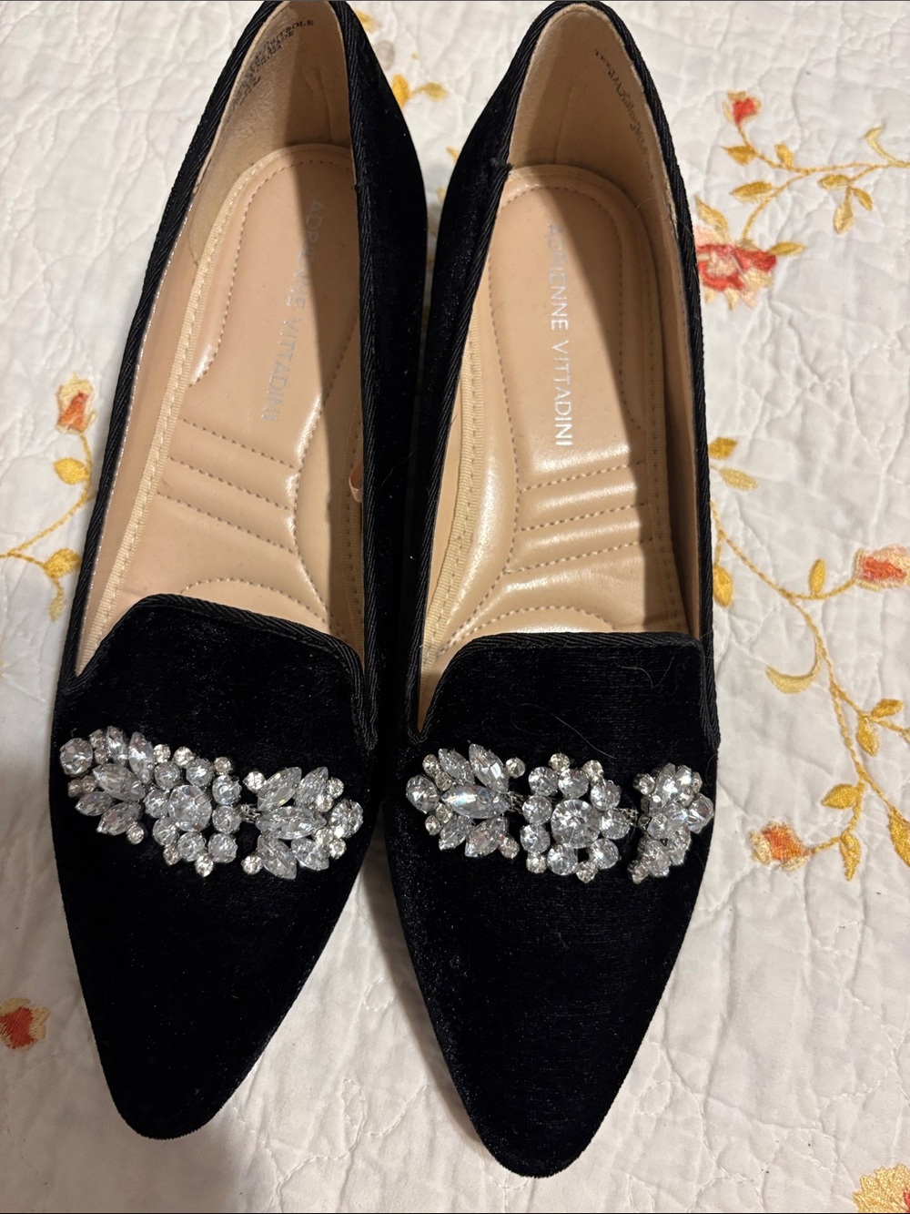 Adrienne vittadini   Black Velvet Embellished Pointed Toe Flats